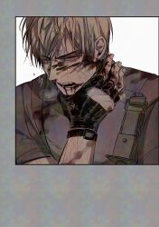 Rule 34 | 1boy, black gloves, blonde hair, blood, blood from mouth, blood on face, border, fingerless gloves, furrowed brow, gloves, grey border, grey shirt, hand on own neck, heavy breathing, highres, infection, leon s. kennedy, male focus, nul, open mouth, resident evil, resident evil 4, shirt, short hair, solo, swept bangs, upper body, wet, white background