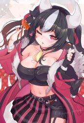 1girl absurdres animal_collar animal_ears bell belt black_belt black_collar black_gloves black_hair black_skirt black_tube_top breasts chopsticks cleavage collar collarbone cow_ears cow_girl cow_horns cow_tail cowbell ear_tag fingerless_gloves food fur-trimmed_jacket fur_trim gloves heart heart-shaped_pupils highres holding holding_chopsticks horns indie_virtual_youtuber jacket long_hair meat midriff multicolored_skirt navel one_eye_closed open_clothes open_jacket pink_eyes pink_jacket pink_skirt plaid_clothes plaid_skirt pupue_picture1 shimofuri_ichibo single_fingerless_glove skirt star_(symbol) strapless symbol-shaped_pupils tail tube_top twitter_username virtual_youtuber white_hair white_horns