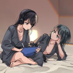Rule 34 | 2girls, bang dream!, bang dream! it&#039;s mygo!!!!!, barefoot, bathrobe, black hair, blue eyes, breasts, cleavage, closed mouth, collarbone, commentary, doki (oox3o), head rest, headphones, highres, holding, holding stylus, holding tablet pc, large breasts, long hair, lying, medium breasts, medium hair, multiple girls, no bra, on bed, on side, open clothes, open robe, parted lips, purple eyes, robe, shiina taki, sitting, stylus, tablet pc, yahata umiri, yuri