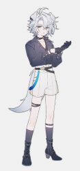 1boy absurdres adjusting_clothes adjusting_gloves animal_ears ankle_socks antenna_hair black_choker black_gloves black_shirt black_shoes black_socks blue_eyes choker collared_shirt commentary_request coojisan dog_boy dog_ears dog_tail full_body gloves half_gloves highres honkai:_star_rail honkai_(series) korean_commentary male_focus official_alternate_costume pectoral_cleavage pectorals phainon_(fashion)_(honkai:_star_rail) phainon_(honkai:_star_rail) shirt shoes short_hair shorts simple_background socks solo tail thigh_strap white_background white_hair white_shorts