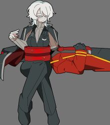 Rule 34 | 1girl, 1other, absurdres, black coat, black pants, black shoes, black vest, breasts, brown sweater, coat, coat on shoulders, dante (limbus company), faust (project moon), grey background, highres, kekeken, lap pillow, large breasts, limbus company, necktie, pants, project moon, red coat, red necktie, ribbed sweater, shoes, simple background, sweat, sweater, turtleneck, vest