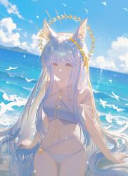 1girl absurdres alternate_costume animal_ear_fluff animal_ears arknights bare_arms bare_shoulders bikini bingyuqin cat_ears cat_girl closed_mouth head_wreath highres long_hair looking_at_viewer navel ocean rosmontis_(arknights) sidelocks solo stomach swimsuit white_bikini white_hair