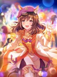 Rule 34 | 1girl, absurdres, animal ears, bad link, beret, blurry, blurry background, blush, braid, breasts, brown hair, buena vista (umamusume), epaulettes, gloves, hat, highres, horse ears, horse girl, horse tail, long hair, looking at viewer, marching band, official alternate costume, official art, solo, tail, teeth, thighhighs, umamusume, upper teeth only, waving