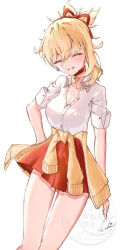 1girl ^_^ alternate_costume bare_legs blonde_hair breasts butterfly_choker cardigan cardigan_around_waist choker cleavage closed_eyes clothes_around_waist collarbone collared_shirt contemporary dress_shirt earrings genshin_impact grin hair_ribbon jewelry medium_breasts miniskirt pleated_skirt ponytail red_choker red_skirt ribbon school_uniform shirt short_ponytail signature simple_background single_sidelock sketch skirt sleeves_rolled_up smile solo thigh_gap tsukine122 unworn_cardigan watermark white_background white_shirt wing_collar yellow_cardigan yoimiya_(genshin_impact)