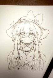 1girl art_tools_in_frame bespectacled blush bow buttons collared_shirt commentary_request diamond_button eyeball frilled_shirt_collar frilled_sleeves frills glasses greyscale hat hat_bow highres komeiji_koishi looking_at_viewer monochrome photo_(medium) shiro_tsugumi shirt skirt solo third_eye touhou traditional_media wide_sleeves