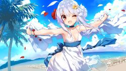 1girl ;d ahoge back_bow bare_shoulders beach blue_bow blue_choker blue_sky blush bow breasts character_request choker cloud collarbone commentary_request commission day djmax dress flower grey_hair hair_between_eyes hair_flower hair_ornament highres horizon looking_at_viewer mountain ocean one_eye_closed open_mouth outdoors outstretched_arms palm_tree petals red_eyes red_flower saeki_touma sand skeb_commission sky sleeveless sleeveless_dress small_breasts smile solo spread_arms tree water white_dress white_flower yellow_flower