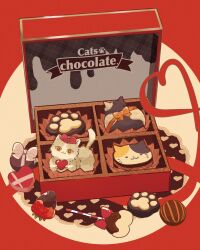 :3 absurdres animal animal_focus bow box box_of_chocolates brown_bow candy cat chocolate chocolate_heart closed_mouth english_text food fruit gift gift_box heart heart-shaped_box heart-shaped_food highres holding holding_food in_container no_humans oimo_imoo original pocky red_background red_bow ribbon strawberry valentine white_cat