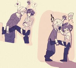 Rule 34 | 1boy, 1girl, beard stubble, black hair, black shorts, blush, closed eyes, crossed arms, dante (devil may cry), devil may cry (series), facial hair, fingerless gloves, flying sweatdrops, gloves, heart, highres, jumpoon, kabedon, lady (devil may cry), leg grab, midriff peek, pants, shirt, shorts, smile, stubble, sweatdrop, white hair