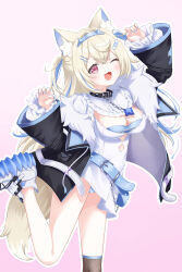 Rule 34 | 1girl, 4kimizuki, absurdres, animal ear fluff, animal ears, arms up, bandaid, bandaid hair ornament, belt, black jacket, black thighhighs, blonde hair, breasts, claw pose, cleavage, collar, dog ears, dog girl, dog tail, dress, fang, fur collar, fuwawa abyssgard, hair ornament, hairband, hairclip, highres, hololive, hololive english, jacket, large breasts, leg up, long hair, nail polish, one eye closed, open mouth, panties, panty peek, red eyes, shoes, short dress, single thighhigh, smile, solo, standing, standing on one leg, striped clothes, striped panties, tail, thighhighs, thighs, underwear, virtual youtuber, white dress, white shoes