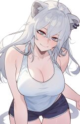 Rule 34 | 1girl, alternate costume, animal ear fluff, animal ear piercing, animal ears, arm under breasts, bare shoulders, breasts, cleavage, collarbone, grey eyes, grey hair, highres, hololive, large breasts, leaning forward, lion ears, lion girl, lion tail, nokaa aru, shishiro botan, short shorts, shorts, sidelocks, simple background, skindentation, smile, solo, tail, tank top, thighhighs, virtual youtuber, white background