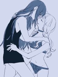 2girls blush bra choker closed_eyes commentary ear_piercing earrings greyscale imminent_kiss jewelry ll_446 long_hair monochrome multiple_girls open_mouth original panties piercing tank_top underwear yuri