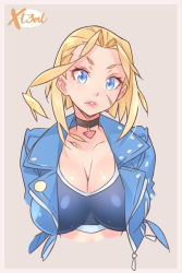 1girl alternate_breast_size black_sports_bra blonde_hair blue_eyes blue_jacket breasts cammy_white choker cleavage commentary cropped_jacket cropped_torso english_commentary facial_scar hair_slicked_back jacket large_breasts leather leather_jacket looking_at_viewer open_clothes open_jacket scar scar_on_cheek scar_on_face short_hair solo sports_bra street_fighter street_fighter_6 upper_body x-t3al