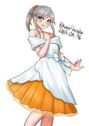 Rule 34 | 1girl, absurdres, brown eyes, commentary, dated, dress, english commentary, evening gown, feet out of frame, full body, grey hair, hair ribbon, highres, kantai collection, katou shinobu, layered dress, long hair, official alternate costume, one-hour drawing challenge, orange ribbon, ponytail, ribbon, simple background, solo, twitter username, two-tone dress, usugumo (anniversary) (kancolle), usugumo (kancolle), white background, white dress