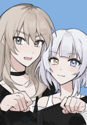 Rule 34 | 2girls, bang dream!, bang dream! it&#039;s mygo!!!!!, black choker, black shirt, black sweater, blue background, blue eyes, chinese commentary, choker, commentary request, crossover, genre connection, girls band cry, grey eyes, grey hair, hand up, heterochromia, highres, instrument connection, iris769675331, kaname raana, kawaragi momoka, long hair, multicolored hair, multiple girls, open mouth, roots (hair), shirt, short hair, simple background, sweater, upper body, white hair, white shirt, yellow eyes