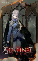 1girl black_boots black_cape blue_jacket boots broken_wall broken_window burnt cape character_name chinese_text copyright_name english_text feet_out_of_frame fire grey_background grey_eyes grey_hair grey_horns gun highres horns jacket logo long_hair looking_at_viewer military_uniform official_art pants reverse:1999 rifle rifle_cartridge sentinel_(reverse:1999) solo standing weapon white_pants