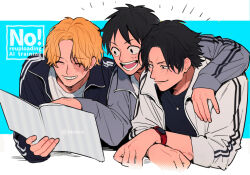 Rule 34 | 3boys, alternate costume, black hair, black jacket, black shirt, blonde hair, book, closed mouth, commentary request, facial scar, freckles, grey jacket, hand on another&#039;s shoulder, holding, holding book, jacket, male focus, meiji (pecosyr5), monkey d. luffy, multiple boys, one piece, open clothes, open jacket, open mouth, portgas d. ace, sabo (one piece), scar, scar on cheek, scar on face, shirt, short hair, track jacket, twitter username, upper body, watch, white jacket, white shirt, wristwatch