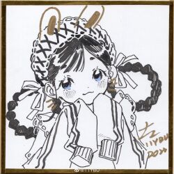 1girl :3 absurdres animal_ears apron blue_eyes braid braided_hair_rings closed_mouth cross-laced_hairband dot_nose drawn_ears drawn_whiskers eyelashes frilled_apron frills greyscale hair_ribbon hair_rings hairband hidari_(nanmu-left) highres jacket jersey_maid lace-trimmed_hairband lace_trim light_blush lolita_hairband long_hair long_sleeves looking_at_viewer maid monochrome original rabbit_ears ribbon signature simple_background sleeves_past_fingers sleeves_past_wrists smile solo spot_color tareme track_jacket traditional_media unconventional_maid upper_body watermark weibo_watermark white_background