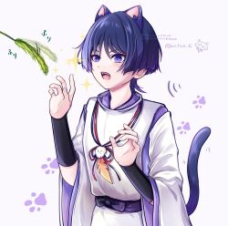 Rule 34 | 1boy, animal ear fluff, animal ears, armor, blunt ends, cat boy, cat ears, cat tail, clothing cutout, eyeliner, eyeshadow, fangs, fingernails, genshin impact, highres, japanese armor, japanese clothes, kariginu, kimono, kote, kurokote, layered sleeves, light blush, looking at object, makeup, male focus, natuo e, open hands, open mouth, paw print, purple eyes, purple hair, purple kimono, purple sleeves, red eyeliner, red eyeshadow, scaramouche (cat) (genshin impact), scaramouche (genshin impact), scaramouche (kabukimono) (genshin impact), shoulder cutout, solo, sparkle, tail, teeth, tongue, tsurime, twitter username, white background, white sleeves, wide sleeves, wispy bangs