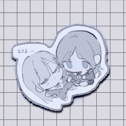 2girls bang_dream! bang_dream!_it&#039;s_mygo!!!!! blue_eyes chibi chinese_commentary closed_eyes commentary_request dress greyscale hair_ornament hairclip long_hair monochrome multiple_girls nagasaki_soyo school_uniform sleeping spot_color tsukinomori_school_uniform wakaba_mutsumi yi_chuan_xian_hua