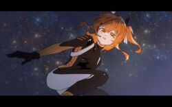 1girl :o a.i._voice adachi_rei alternate_costume bodysuit cowboy_shot from_below headset highres knees_up letterboxed looking_at_viewer open_mouth orange_eyes orange_hair parted_lips senri_(hrydy_o) solo space sparkling_eyes utau
