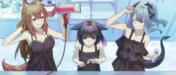 Rule 34 | 3girls, alternate costume, animal ears, arknights, bare shoulders, basket, bathroom, black dress, breasts, brown eyes, brown hair, cat ears, cat girl, cleavage, clenched teeth, dragon girl, dragon horns, dragon tail, dress, fox ears, fox girl, fox tail, franka (arknights), green eyes, grey hair, grin, hair dryer, hand up, highres, holding, holding hair dryer, holding toothbrush, horns, indoors, jessica (arknights), large breasts, liskarm (arknights), long hair, looking at another, memetaroh, multiple girls, one eye closed, plant, ponytail, potted plant, power cord, small breasts, smile, sweatdrop, tail, teeth, toothbrush, toothpaste, towel