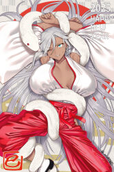 1girl 2025 arms_up blue_eyes bound bound_wrists breasts chinese_zodiac clenched_teeth commentary_request constriction dark-skinned_female dark_skin detached_sleeves grey_hair hair_spread_out hakama hakama_pants happy_new_year highres huge_breasts japanese_clothes long_hair miko mole mole_under_eye new_year ohlia one_eye_closed original pants red_pants revision snake solo sweatdrop teeth tsurime v-shaped_eyebrows very_long_hair white_snake wide_sleeves year_of_the_snake