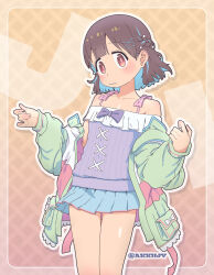 Rule 34 | 1girl, armpit crease, bare shoulders, blue hair, blue skirt, blush, braid, brown eyes, brown hair, camisole, closed mouth, collarbone, colored inner hair, commentary request, cowboy shot, green jacket, hair ornament, hairpin, half up braid, hands up, highres, hozuki momiji, jacket, long sleeves, looking at viewer, matado (almukha), miniskirt, multicolored hair, official alternate costume, official alternate hairstyle, onii-chan wa oshimai!, open clothes, open jacket, pleated skirt, pocket, purple camisole, short hair, skirt, solo, standing, twitter username, wavy mouth, x hair ornament