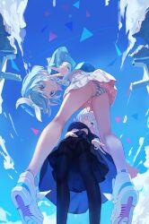 2girls absurdres arona_(blue_archive) bare_legs black_eyes black_pantyhose black_serafuku black_shirt black_skirt blue_archive blue_eyes blue_hair blue_shirt blue_sky blush bra breasts bunny_kitsune closed_mouth colored_inner_hair commentary from_below grey_hair hair_over_one_eye hairband halo highres long_hair long_sleeves looking_at_viewer miniskirt multicolored_hair multiple_girls panties panties_under_pantyhose pantyhose pink_hair plana_(blue_archive) pleated_skirt sailor_collar school_uniform serafuku shirt shoes short_hair skirt sky small_breasts smile sneakers streaked_hair striped_clothes striped_panties thighband_pantyhose underboob underwear upshirt upskirt v w white_footwear white_hairband white_sailor_collar white_skirt