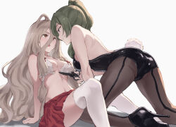 2girls all_fours alternate_costume ass backless_leotard black_footwear black_leotard black_pantyhose bow bow_bra bra breasts brown_eyes brown_hair commentary cutting_clothes english_commentary eye_contact fake_tail green_hair grey_background grin hair_between_eyes high_heels highleg highleg_leotard highres holding holding_scissors jojobirdz leotard long_hair long_hair_between_eyes looking_at_another medium_breasts multiple_girls pantyhose playboy_bunny purple_eyes rabbit_tail red_skirt scissors seamed_legwear sense_(sousou_no_frieren) side-seamed_legwear skirt smile sousou_no_frieren strapless strapless_leotard tail thighhighs ubel_(sousou_no_frieren) underwear very_long_hair white_bra white_thighhighs