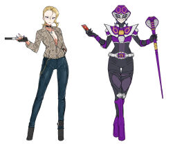2girls armor asakura_takeshi belt black_bodysuit black_boots black_choker black_gloves blonde_hair blue_pants bodysuit boots breasts card chain choker cleavage commentary cross cross_necklace denim dual_persona eidenjyou1997 evil_smile finger_on_trigger fingerless_gloves fingernails full_body genderswap genderswap_(mtf) gloves gold_chain gun hand_in_pocket helmet holding holding_card holding_gun holding_staff holding_weapon jacket jeans jewelry kamen_rider kamen_rider_ouja kamen_rider_ryuki_(series) knee_boots long_fingernails looking_at_viewer medium_hair multiple_girls nail_polish necklace pants parted_lips partially_unzipped purple_armor purple_boots purple_eyes purple_hair purple_nails rider-tan rider_belt simple_background smile snake_print staff standing teeth v_buckle weapon white_background
