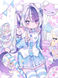 1girl absurdly_long_hair balloon banana blue_necktie blue_skirt blue_sleeves blue_thighhighs cake can candy commentary cookie crescent_pillow cupcake detached_sleeves double_bun drink_can food frown fruit full_body hair_bun highres hiro_0607 ice_cream long_hair looking_at_viewer macaron microphone multicolored_hair necktie nidone_uto_(hiro_0607) no_shoes parfait pastel_colors pillow pleated_skirt purple_hair shirt simple_background skirt sleeveless sleeveless_shirt soda_can split-color_hair star-shaped_pupils star_(symbol) star_balloon striped_clothes striped_thighhighs stuffed_animal stuffed_toy symbol-shaped_pupils thighhighs tiered_tray twintails utau v very_long_hair white_background white_shirt white_thighhighs wrapped_candy yume_kawaii