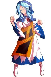 1girl alphes_(style) blue_eyes blue_hair blue_hood clenched_hands closed_mouth commentary_request dairi dress frills full_body glaring hands_up hood hood_up jewelry kesa kumoi_ichirin large_variant_set long_hair long_sleeves looking_to_the_side multicolored_dress necklace parody pendant smile socks solo standing style_parody tachi-e touhou transparent_background variant_set wide_sleeves