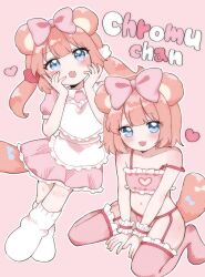 1girl absurdres animal_ears blue_eyes bow character_name chromu flat_chest hair_bow heart highres indie_virtual_youtuber kuroshiro_(lilymofumofu) loli multiple_views open_mouth raccoon_ears raccoon_girl raccoon_tail tail thighhighs underwear
