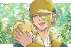 1boy ^_^ blonde_hair blush closed_eyes commentary gen_2_pokemon ginkgo_guild_uniform grey_eyes hair_over_one_eye hat leaf long_sleeves male_focus nintendo no_ichigo open_mouth pokemon pokemon_(creature) pokemon_legends:_arceus signature symbol-only_commentary teeth togepi upper_body upper_teeth_only volo_(pokemon)