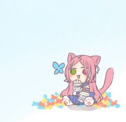 Rule 34 | 1girl, :3, :d, animal ears, animal hands, assault lily, blue background, blue butterfly, blue flower, blue sailor collar, blue skirt, blush, bug, butterfly, cat ears, cat girl, cat paws, cat tail, chibi, commentary, detached sleeves, flower, full body, gradient background, green eyes, hand on own chin, hand up, heterochromia, insect, kemonomimi mode, layered sleeves, long hair, long sleeves, looking at animal, miniskirt, neckerchief, nigari (ngari 0115), odaiba girls high school uniform, open mouth, parted bangs, paw shoes, pleated skirt, purple neckerchief, red eyes, red flower, red hair, sailor collar, school uniform, serafuku, shiba tomoshibi, shirt, shoes, sitting, skirt, sleeveless, sleeveless shirt, smile, solid eyes, solo, tail, tail raised, very long hair, white background, white shirt, white shoes, yellow flower