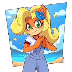 1girl absurdres beach blonde_hair blue_overalls body_fur border coco_bandicoot cowboy_shot crash_bandicoot_(series) efextex furry furry_female green_eyes high_ponytail highres long_hair missing_commentary ocean orange_fur overalls ponytail shirt solo sparkle twitter_username white_border white_shirt