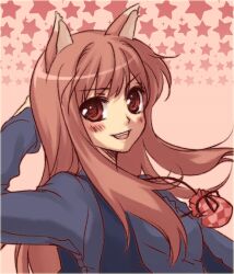 1girl 2000s_(style) animal_ears arm_behind_head bag black_vest brown_eyes brown_hair commentary_request grey_shirt holo koyuki_(rico) long_hair looking_at_viewer open_mouth pink_background shirt smile solo spice_and_wolf star_(symbol) upper_body v-shaped_eyebrows vest wolf_ears wolf_girl