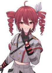 1girl ahoge arm_at_side belt black_belt black_sleeve_cuffs black_sleeves blush bow buttons commentary_request double-breasted drill_hair grey_jacket grey_skirt grin hair_between_eyes hair_bow hair_ribbon harumomiji highres jacket kasane_teto kasane_teto_(sv) layered_sleeves long_sleeves looking_at_viewer midriff_peek musical_staff musical_staff_print red_hair red_trim ribbon shoulder_belt shoulder_boards signature simple_background skirt smile solo striped_clothes striped_jacket synthesizer_v transparent_background twin_drills utau v v_over_mouth white_bow white_ribbon