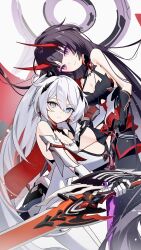 2girls absurdres ahoge armor armored_dress black_dress black_gloves blue_eyes breasts cleavage dress elbow_gloves gloves highres holding holding_sword holding_weapon honkai_(series) honkai_impact_3rd horns karamaru626 kiana_kaslana kiana_kaslana_(herrscher_of_flamescion) long_hair medium_breasts multiple_girls ponytail purple_eyes purple_hair raiden_mei raiden_mei_(herrscher_of_thunder) red_horns simple_background sword thighs very_long_hair weapon white_background white_dress white_gloves white_hair