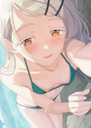 1girl beach bikini breasts close-up day gakuen_idolmaster green_bikini highres idolmaster looking_at_viewer lying musha_no_kozi open_mouth outdoors shinosawa_hiro small_breasts smile solo solo_focus swimsuit