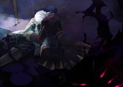 2boys black_robe blue_hair chrom_(fire_emblem) closed_eyes commentary_request corpse death falchion_(fire_emblem) fire_emblem fire_emblem_awakening gimkamres04 grima_(fire_emblem) highres long_sleeves male_robin_(fire_emblem) multiple_boys nintendo planted planted_sword planted_weapon robe sad short_hair sitting sword weapon white_hair