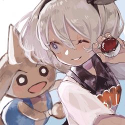 1girl bea_(pokemon) blue_eyes bow creatures_(company) dark-skinned_female dark_skin game_freak gen_2_pokemon grey_hair gym_leader hair_bow highres hitmontop nintendo one_eye_closed poke_ball poke_ball_(basic) pokemon pokemon_(creature) pokemon_swsh short_hair supika white_background