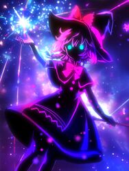 1girl absurdres artist_request blue_eyes bow braid broom buttons capelet commission cookie_(touhou) elbow_gloves feet_out_of_frame gloves hair_bow hand_up hat highres holding holding_broom kirisame_marisa looking_at_viewer meguru_(cookie) no_mouth purple_theme second-party_source short_hair side_braid silhouette single_braid skirt solo sparkle touhou witch_hat