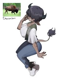 1girl animal bison black_hair black_horns buffalo cow_tail dark-skinned_female dark_skin denim full_body gomulgong hair_over_one_eye hand_up highres horns jeans original pants personification photo_inset pointy_ears shirt shoes short_hair short_sleeves simple_background sitting smile sneakers solo tail white_background white_shirt white_shoes
