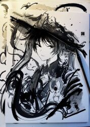 Rule 34 | 1boy, alticute, art tools in frame, artist name, bodysuit, calligraphy brush (medium), cropped torso, crying, gem, genshin impact, greyscale, hat, highres, japanese clothes, jingasa, kimono, looking at viewer, lower eyelashes only, male focus, mandarin collar, monochrome, open clothes, open kimono, parted lips, photo (medium), pom pom (clothes), portrait, scaramouche (genshin impact), short hair, sketch, solo, streaming tears, tears, tilted headwear, traditional media, vision (genshin impact), wanderer (genshin impact)