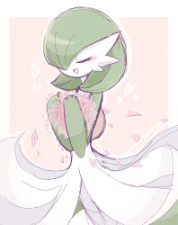 1girl blush bob_cut border closed_eyes colored_skin cowboy_shot falling_petals female_focus flower green_hair green_skin hair_over_one_eye hands_up happy heart holding holding_flower multicolored_skin nintendo one_eye_covered open_mouth outline outside_border petals pink_background pink_flower pokemon pokemon_(creature) short_hair simple_background sketch smile solo standing suzu_(pixiv_32232702) two-tone_skin u_u white_border white_outline white_skin