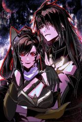 1boy 1girl animal_ears black_gloves black_hair black_headband black_jacket breasts chest_strap clawed_gauntlets cleavage crop_top fangs fangs_out final_fantasy final_fantasy_vii final_fantasy_vii_ever_crisis gloves grey_scarf grose hair_between_eyes hand_on_another&#039;s_shoulder headband highres jacket large_breasts long_hair official_alternate_costume ponytail red_eyes scarf tifa_lockhart tifa_lockhart_(armor_of_the_worthy) twitter_username upper_body vincent_valentine vincent_valentine_(coat_of_the_worthy)
