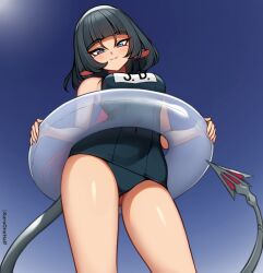 1girl :3 animal_ears black_hair black_school_swimsuit blue_eyes blue_one-piece_swimsuit blush breasts from_below holding holding_swim_ring innertube jane_doe_(zenless_zone_zero) kuroonehalf looking_at_viewer medium_breasts mouse_ears mouse_girl mouse_tail name_tag one-piece_swimsuit school_swimsuit sharp_tail short_hair sky smile standing sun swim_ring swimsuit tail zenless_zone_zero