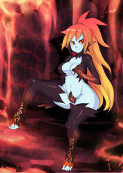 2012 abstract_background arm_support arm_up black_panties black_skin black_thighhighs blue_skin breasts colored_sclera colored_skin commentary curvy english_commentary feet full_body glowing_tattoo gradient_hair groin highres large_breasts lava leaf_panties leaf_print leg_up long_hair maniacpaint midna midna_(true) multicolored_hair navel nintendo open_clothes orange_hair panties pointy_ears print_panties red_eyes revealing_clothes shiny_skin sideways_glance sitting smile the_legend_of_zelda the_legend_of_zelda:_twilight_princess thick_thighs thighhighs thighs toeless_legwear toes tsurime two-tone_hair underwear v-shaped_eyebrows yellow_sclera