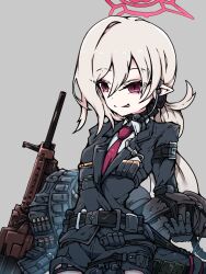 1girl belt black_belt black_jacket blue_archive grey_background grey_hair gun h&amp;k_mg5 hair_between_eyes halo highres jacket light_machine_gun long_hair machine_gun military military_operator mutsuki_(blue_archive) necktie pointy_ears purple_eyes red_halo red_necktie shirt simple_background thighs weapon white_shirt yukiyuki_(yukiyukimac4260)